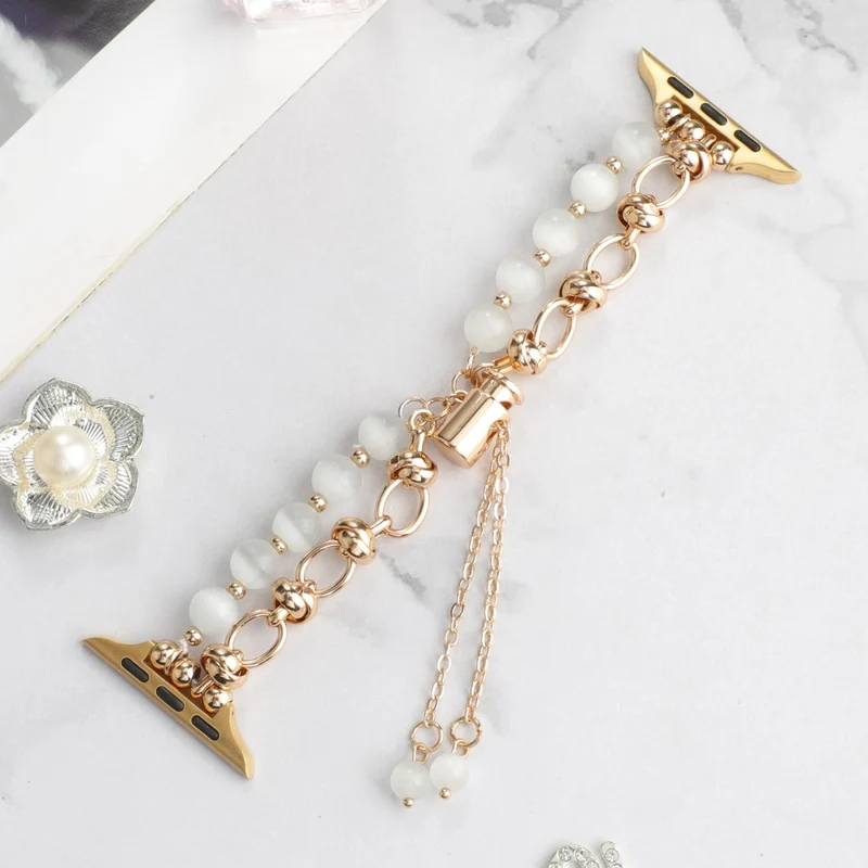 Apple Watch Series 41mm / 40mm / 38mm Pearls Watch Strap Chain Band - Pink Pearl / Rose Gold