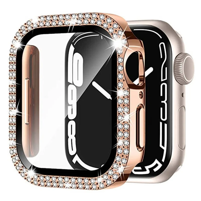 Apple Watch Series 9 8 7 45mm Watch Case Rhinestone Electroplating Watch Cover with Tempered Glass Film - Rose Gold
