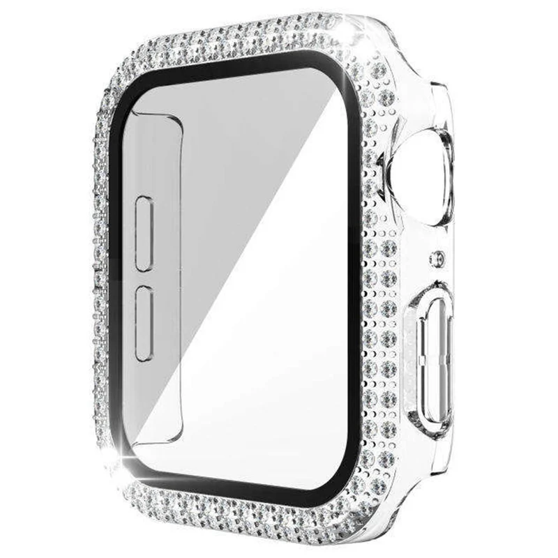 Apple Watch Series 9 8 7 45mm Watch Case Rhinestone Electroplating Watch Cover with Tempered Glass Film - Rose Gold
