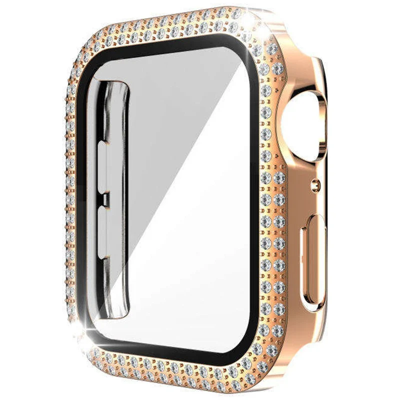 Apple Watch Series 9 8 7 45mm Watch Case Rhinestone Electroplating Watch Cover with Tempered Glass Film - Rose Gold