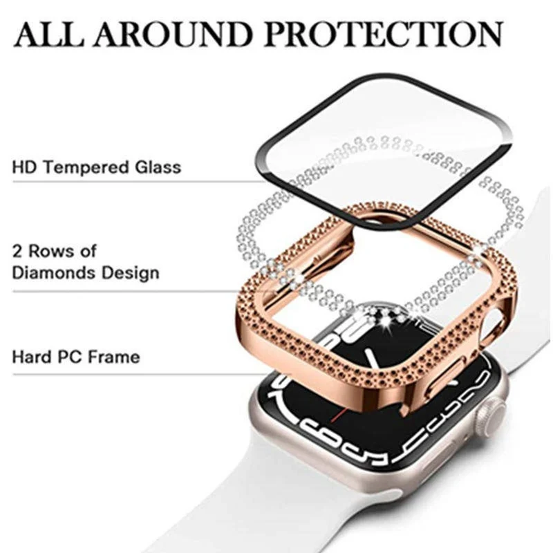 Apple Watch Series 9 8 7 45mm Watch Case Rhinestone Electroplating Watch Cover with Tempered Glass Film - Rose Gold