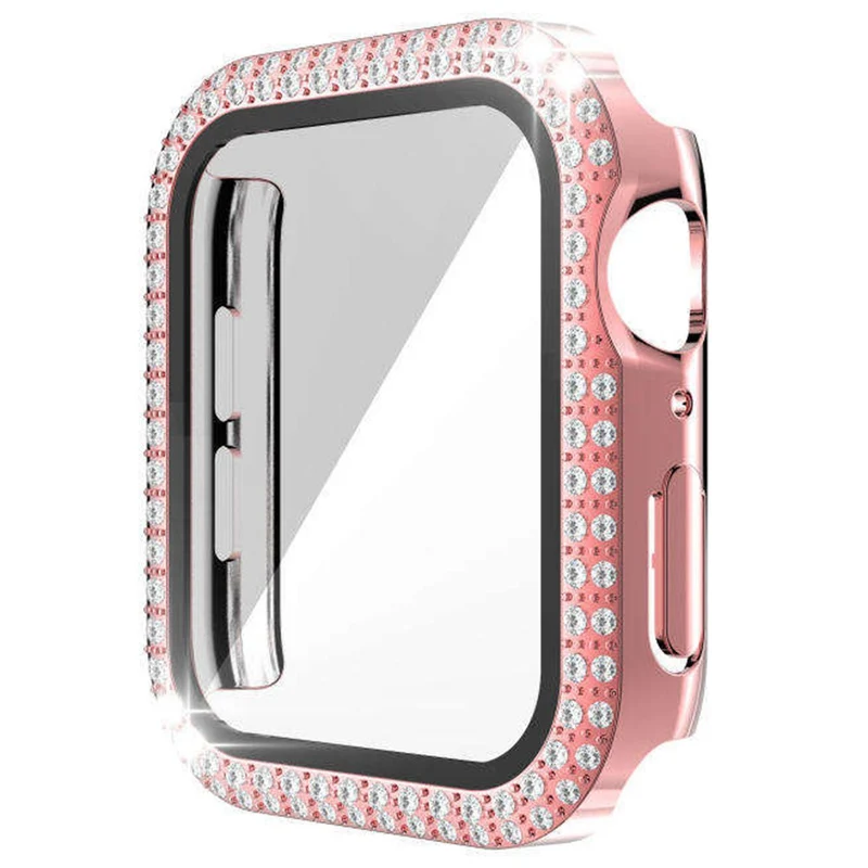 Apple Watch Series 9 8 7 41mm Watch Case Rhinestone Electroplating Frame with Tempered Glass Film - Rose Gold
