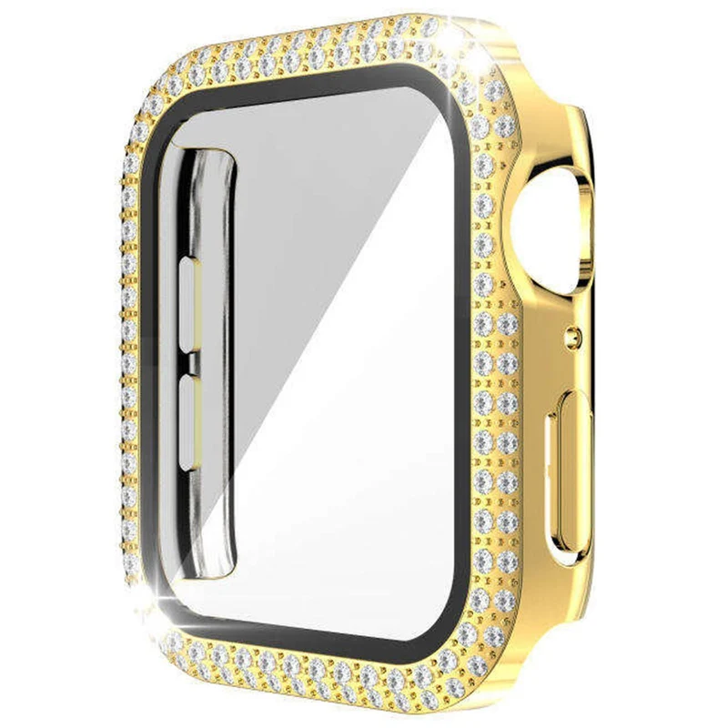 Apple Watch Series 9 8 7 41mm Watch Case Rhinestone Electroplating Frame with Tempered Glass Film - Rose Gold