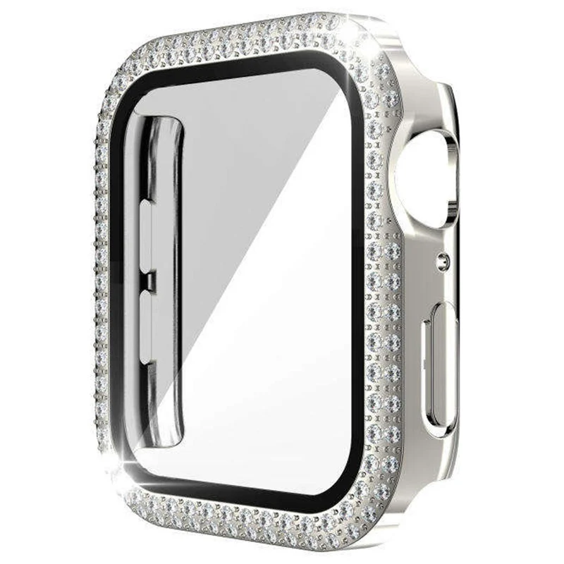 Apple Watch Series 9 8 7 41mm Watch Case Rhinestone Electroplating Frame with Tempered Glass Film - Rose Gold