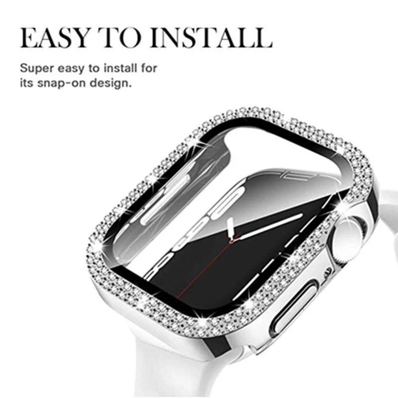 Apple Watch Series 9 8 7 41mm Watch Case Rhinestone Electroplating Frame with Tempered Glass Film - Rose Gold