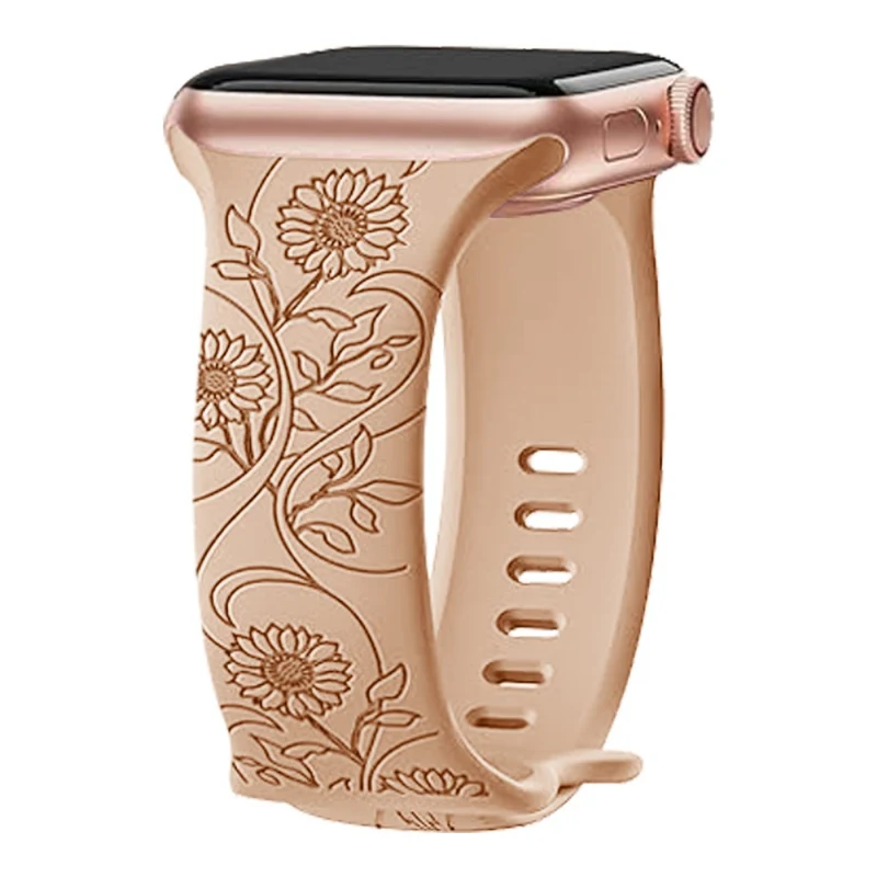 Apple Watch Series 41mm - 40mm - 38mm Universal Watch Band Flower Engraved Strap - Sunflower / Green