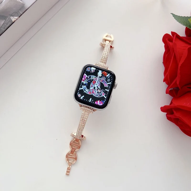 Apple Watch Series 41mm - 40mm - 38mm Universal Watch Band Rhinestone Decor Bracelet - Rose Gold