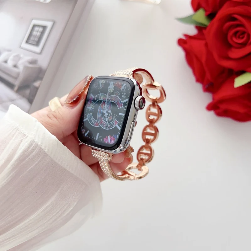 Apple Watch Series 41mm - 40mm - 38mm Universal Watch Band Rhinestone Decor Bracelet - Rose Gold