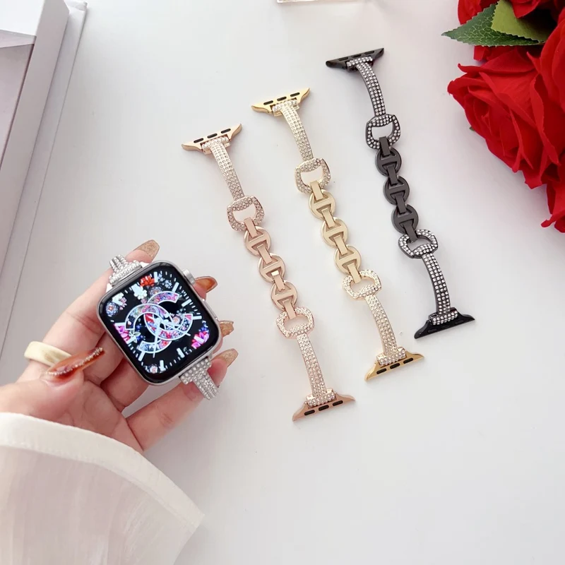 Apple Watch Series 41mm - 40mm - 38mm Universal Watch Band Rhinestone Decor Bracelet - Rose Gold