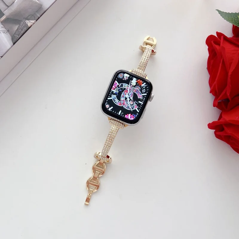 Apple Watch Series 41mm - 40mm - 38mm Universal Watch Band Rhinestone Decor Bracelet - Rose Gold