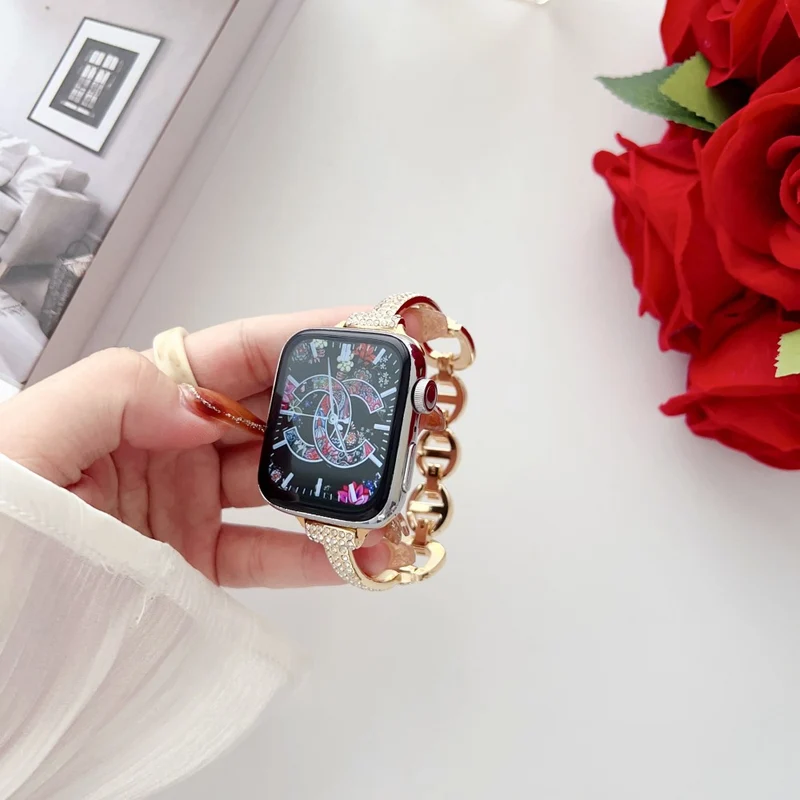 Apple Watch Series 41mm - 40mm - 38mm Universal Watch Band Rhinestone Decor Bracelet - Rose Gold