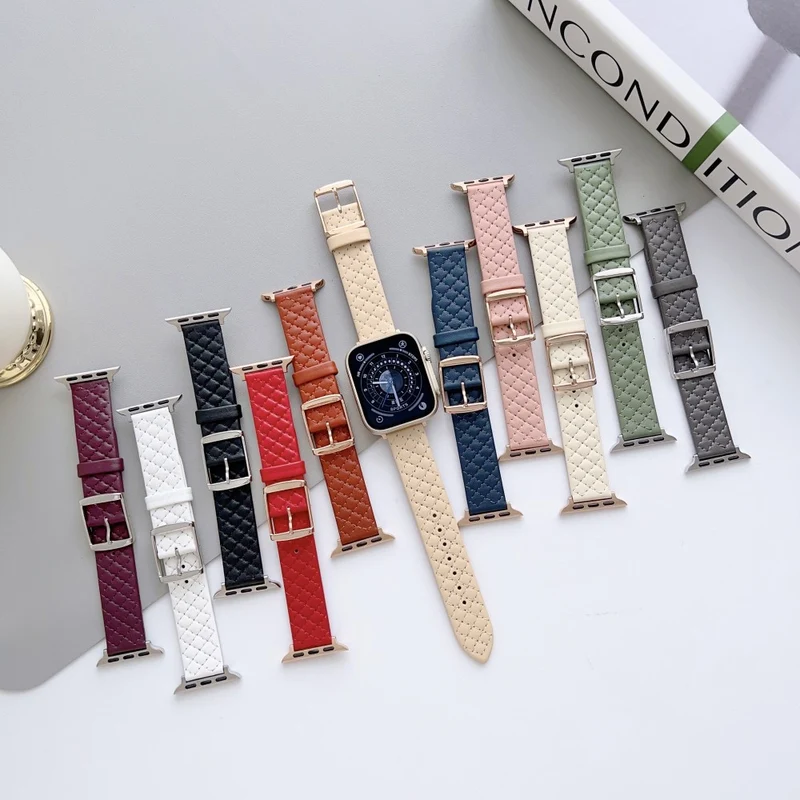 Apple Watch Series 41mm - 40mm - 38mm Universal Smart Watch Band Rhombus Grid Strap - Pearl White