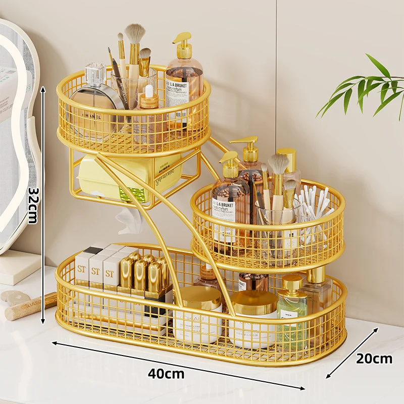 Dreischichtiger Mesh-Vanity- und Arbeitsplatten-Organizer mit integriertem Taschentuchslot und Metallgitterkörben
