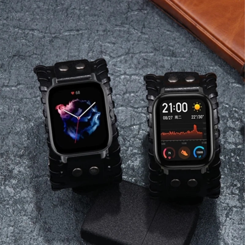 Huami Amazfit GTS 4 / 3 / 2 / 2 mini / Bip Watch Band Rivet Punk Style 20mm Cowhide Leather Bracelet Strap