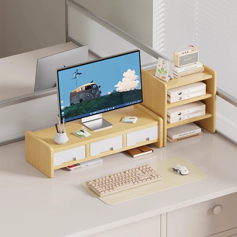 Massivholz-Monitorständer und Schreibtischorganizer mit zweistufigem Regal und Kabelmanagement