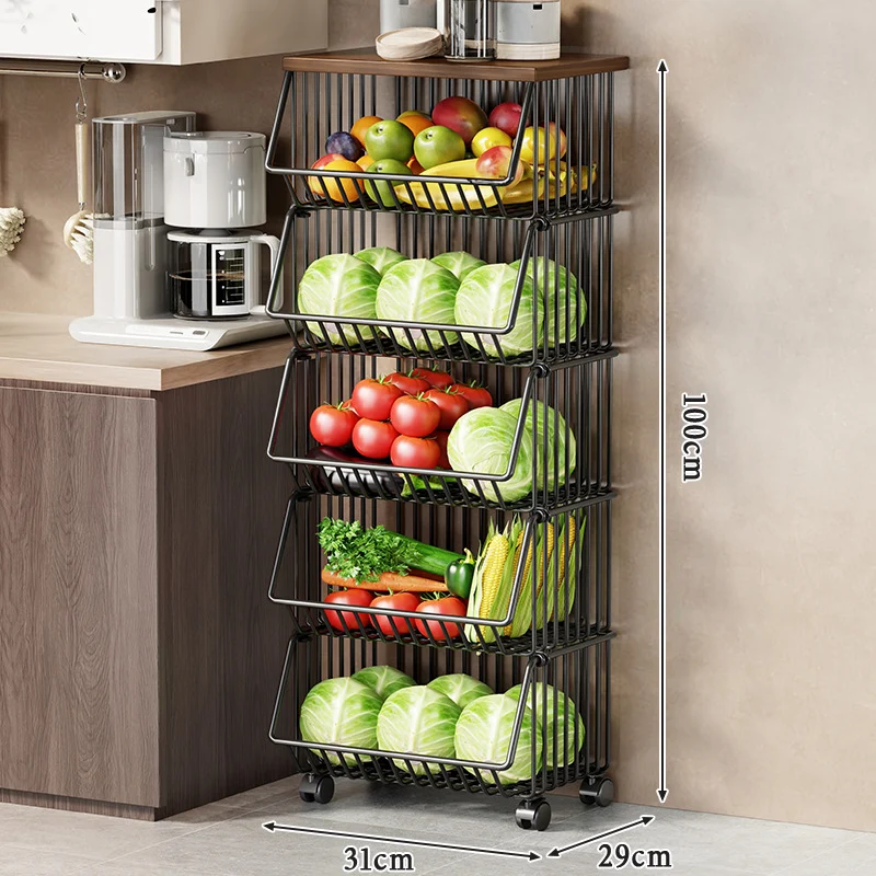 Slim Vertikale Rollende Draht Obst- und Vorratsorganisierer Wagen mit Holzplatte
