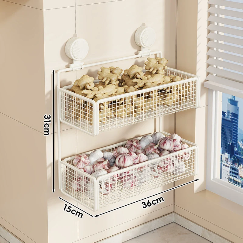 Wandmontierte Saugnetz-Obstlagerschalen-Set mit doppelt verstellbarem Regal