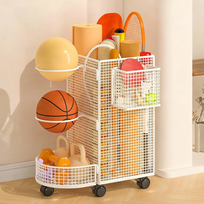 Vertikaler Rollwagen für Sportgeräte mit doppelten Ballregalen und Netzaufbewahrungsboxen