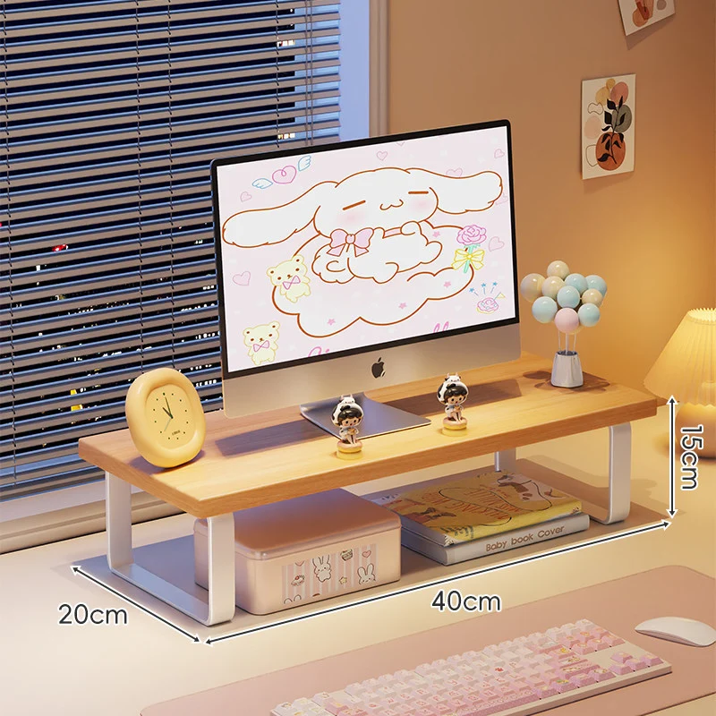Erhöhter Monitorständer mit Holz-Optik-Oberfläche, Metallrahmen und Unterregal-Stauraum