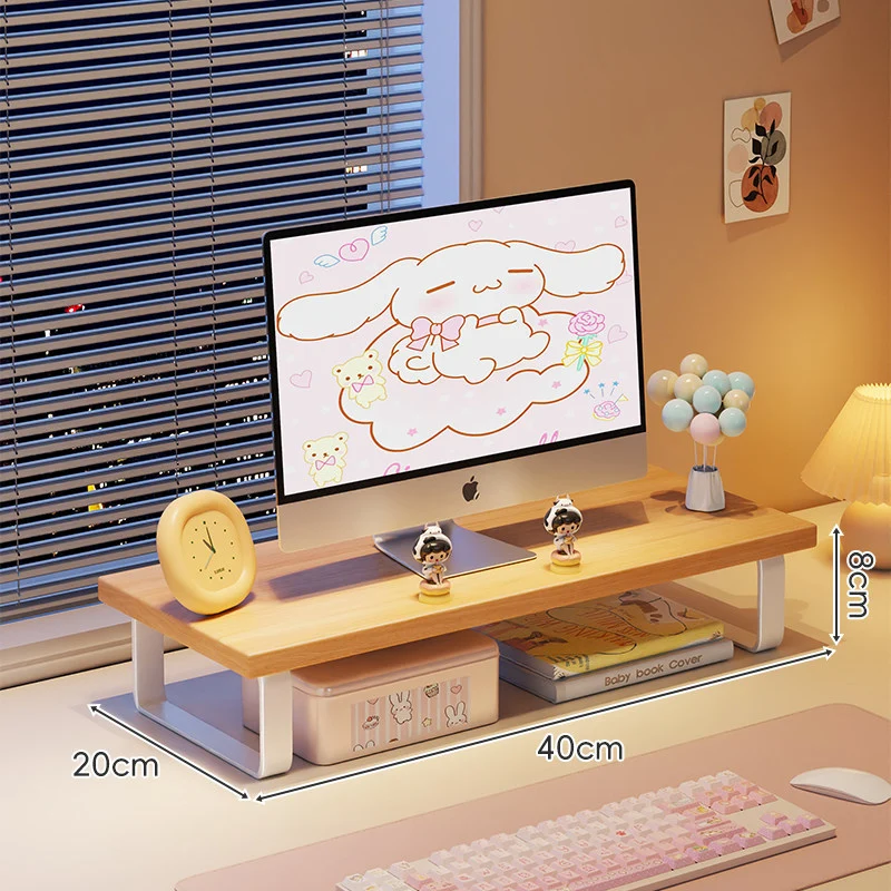 Erhöhter Monitorständer mit Holz-Optik-Oberfläche, Metallrahmen und Unterregal-Stauraum