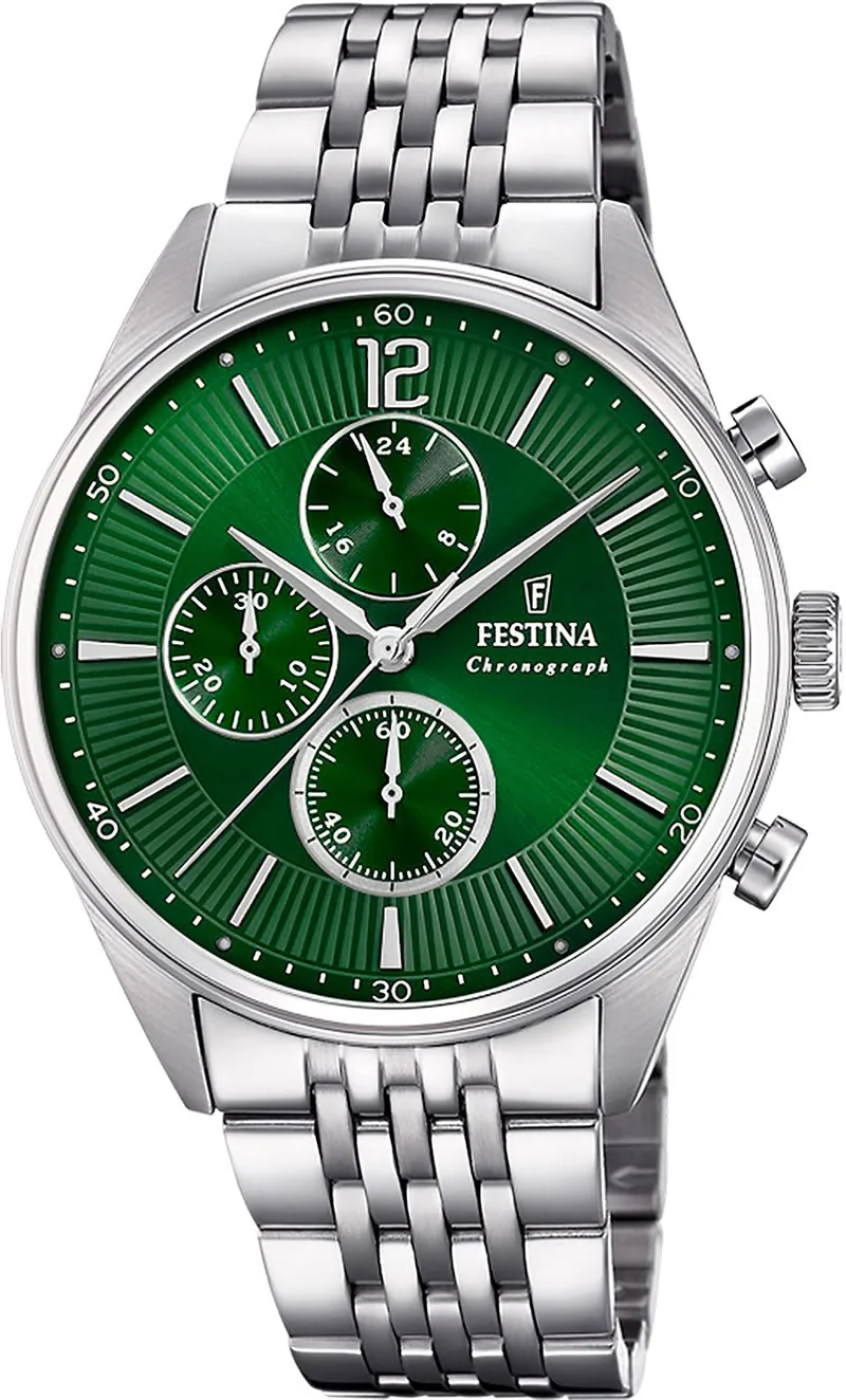Festina Timeless Chronograph F20285/8 Herrenuhr • Edelstahl • Grünes Zifferblatt