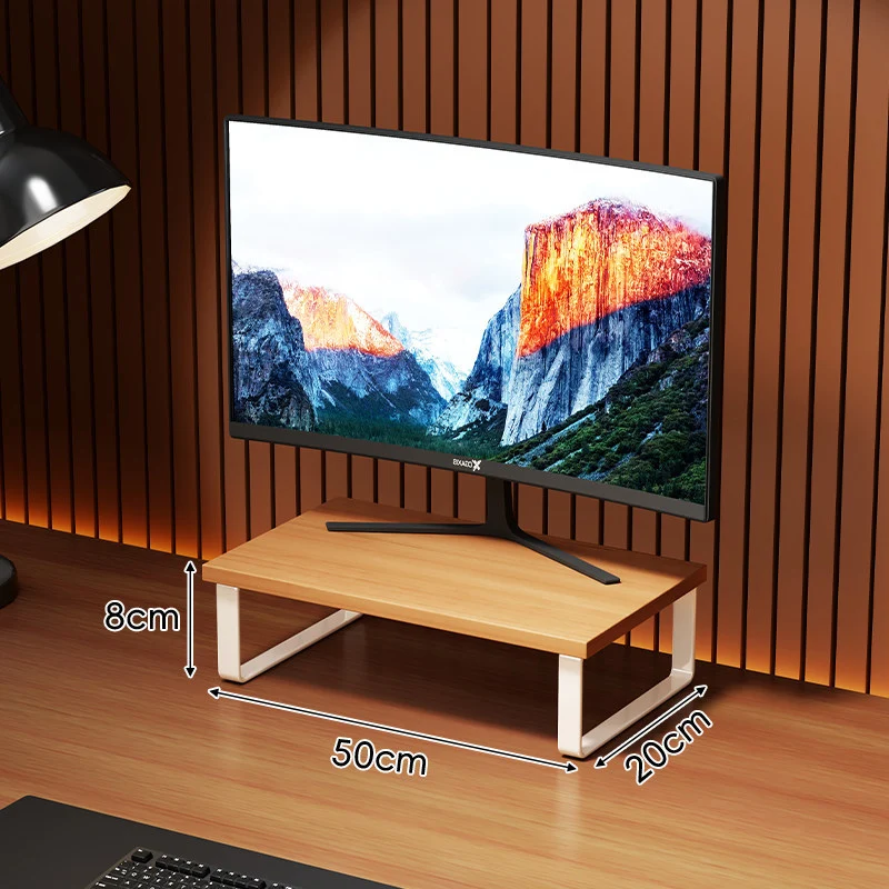 Kompakte Holz-Monitorerhöhung mit Metallrahmen und Unterregalablage