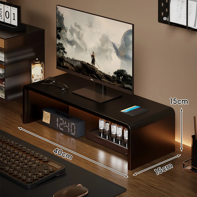 Niedrigprofilierte gebogene Desktop-Monitor-Plattform mit integriertem Unterregal-Organizer und ambienter Hintergrundbeleuchtung