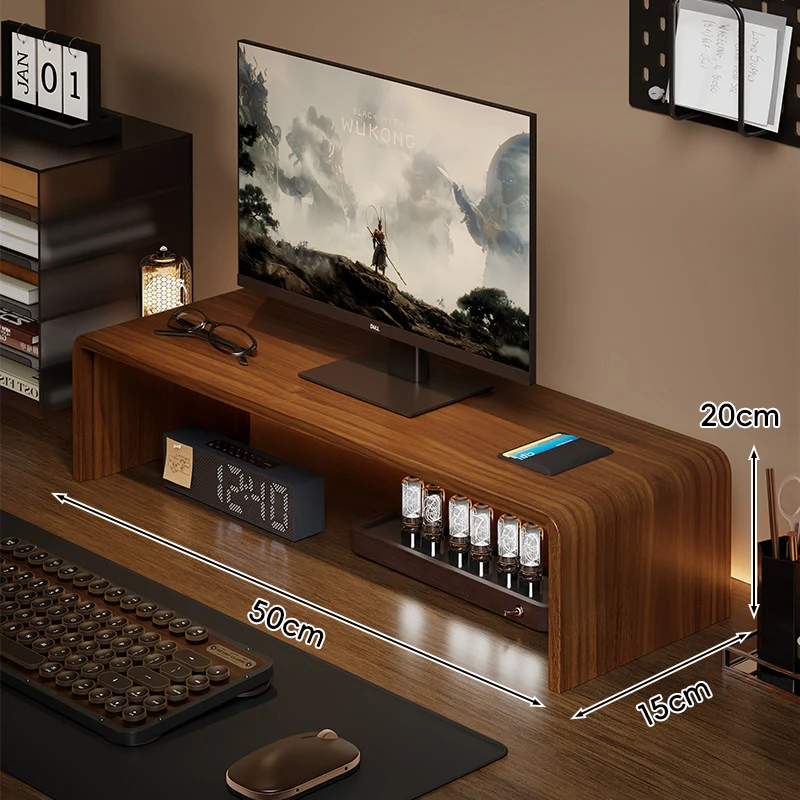 Niedrigprofilierte gebogene Desktop-Monitor-Plattform mit integriertem Unterregal-Organizer und ambienter Hintergrundbeleuchtung