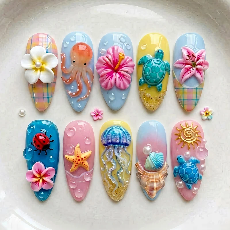 Tropisches vom Ozean inspiriertes Press-On Nagelkunstset
