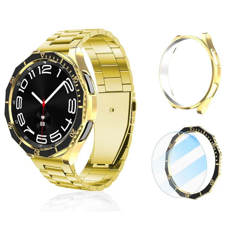 Samsung Galaxy Watch6 Classic 43mm Bump Resistant Case with Tempered Glass FilmandDial Bezel Ring Watch Case Cover - Black+Gold