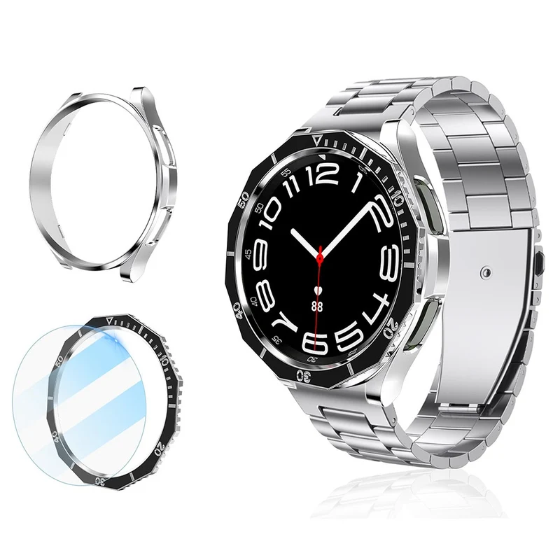 Samsung Galaxy Watch6 Classic 43mm Bump Resistant Case with Tempered Glass FilmandDial Bezel Ring Watch Case Cover - Black+Gold