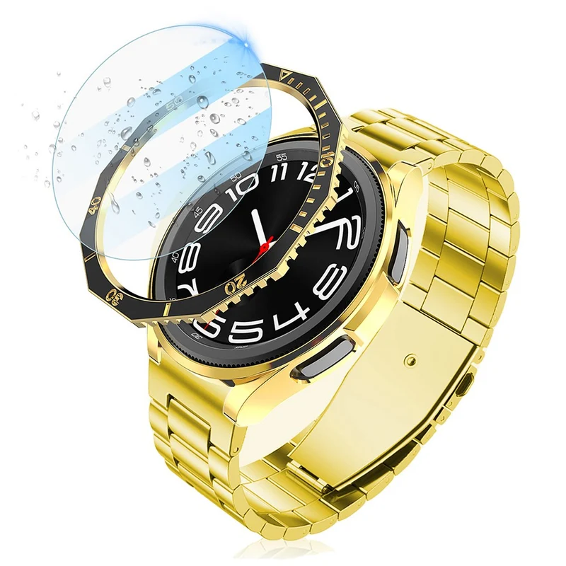 Samsung Galaxy Watch6 Classic 43mm Bump Resistant Case with Tempered Glass FilmandDial Bezel Ring Watch Case Cover - Black+Gold