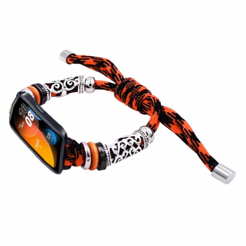 Huawei Band 8 Watch Band Beads Decor Braided Rope Adjustable Wrist Strap - Black Orange Camo