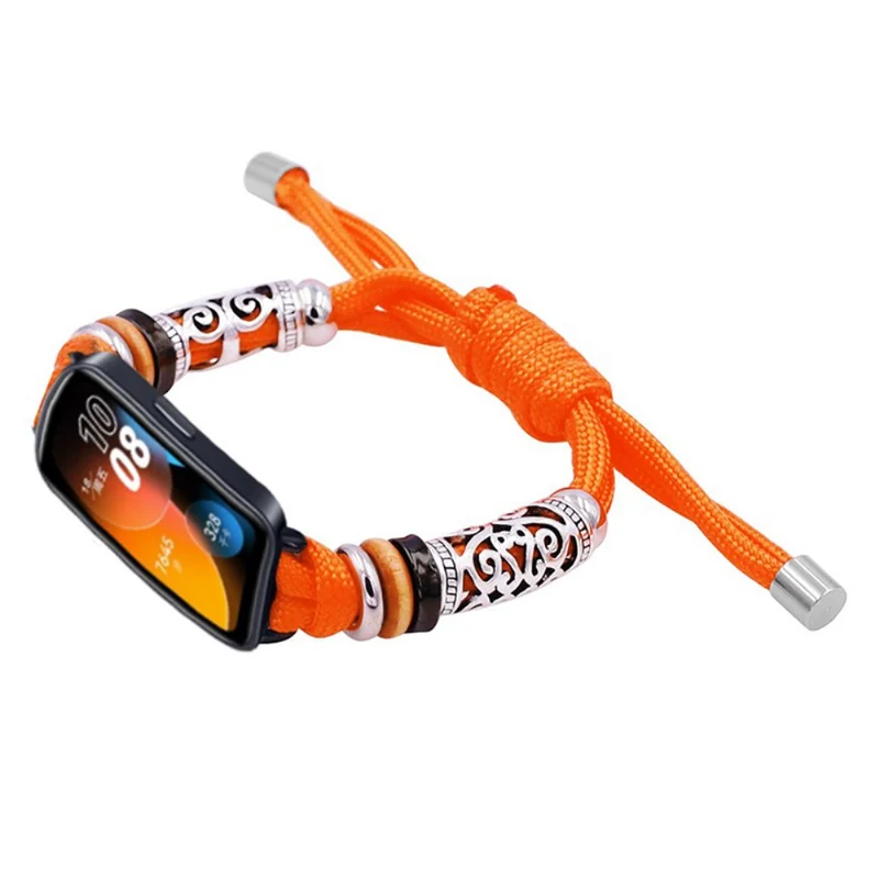 Huawei Band 8 Watch Band Beads Decor Braided Rope Adjustable Wrist Strap - Black Orange Camo