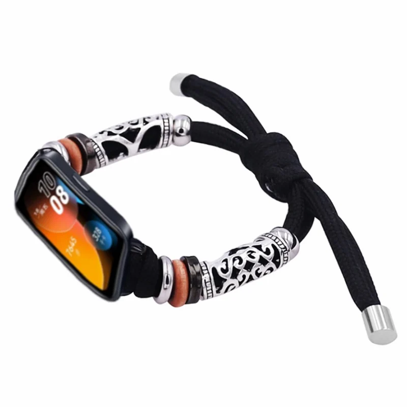 Huawei Band 8 Watch Band Beads Decor Braided Rope Adjustable Wrist Strap - Black Orange Camo