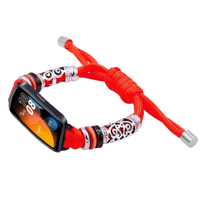 Huawei Band 8 Watch Band Beads Decor Braided Rope Adjustable Wrist Strap - Black Orange Camo
