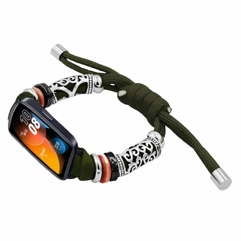Huawei Band 8 Watch Band Beads Decor Braided Rope Adjustable Wrist Strap - Black Orange Camo