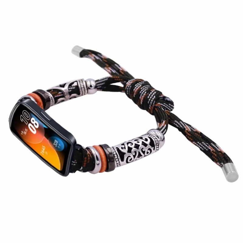 Huawei Band 8 Watch Band Beads Decor Braided Rope Adjustable Wrist Strap - Black Orange Camo