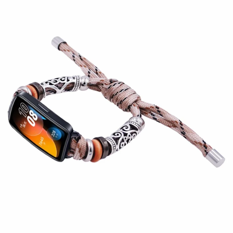 Huawei Band 8 Watch Band Beads Decor Braided Rope Adjustable Wrist Strap - Black Orange Camo