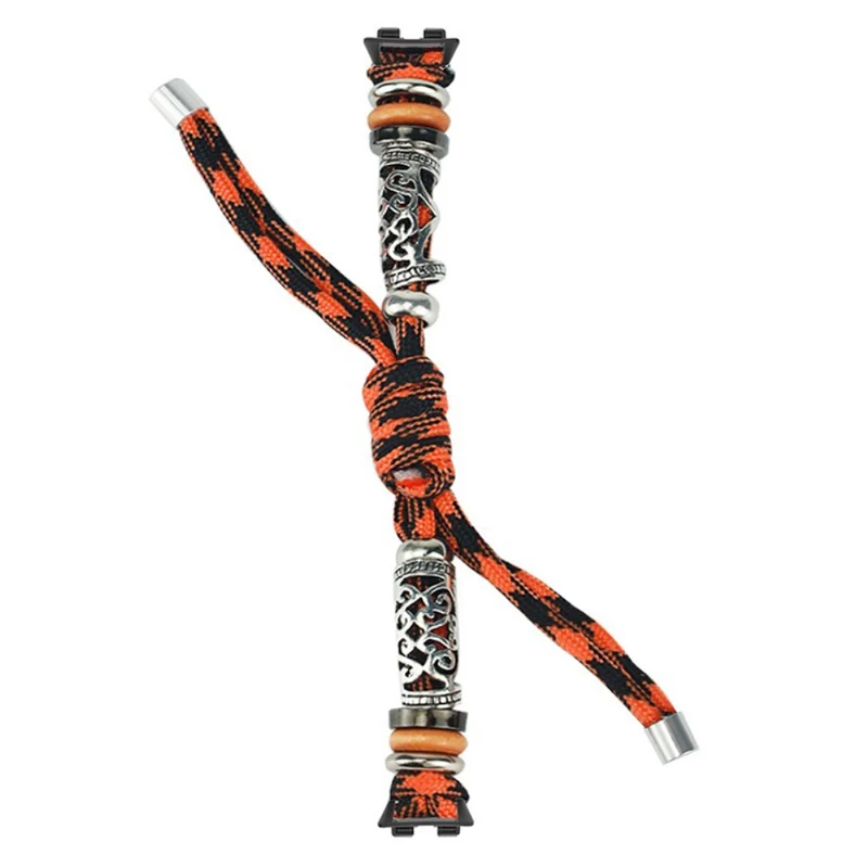 Huawei Band 8 Watch Band Beads Decor Braided Rope Adjustable Wrist Strap - Black Orange Camo