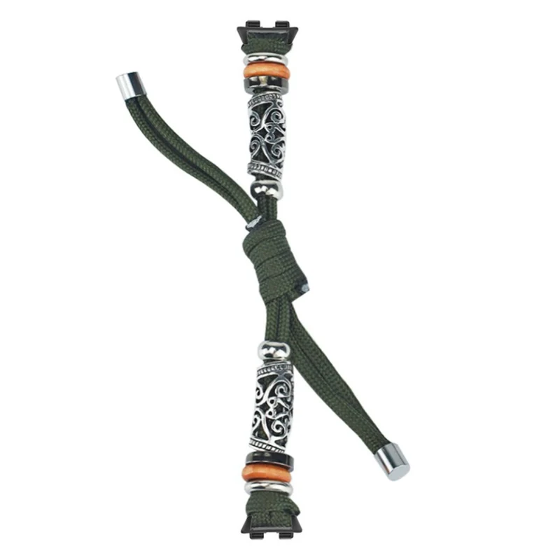 Huawei Band 8 Watch Band Beads Decor Braided Rope Adjustable Wrist Strap - Black Orange Camo