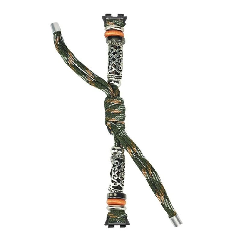 Huawei Band 8 Watch Band Beads Decor Braided Rope Adjustable Wrist Strap - Black Orange Camo