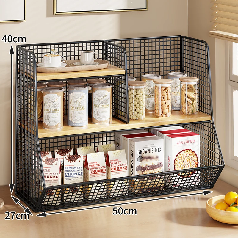 Multi-Ebenen Drahtgitter Arbeitsplatten Vorratsraum Organizer mit Holzregalen und Korb