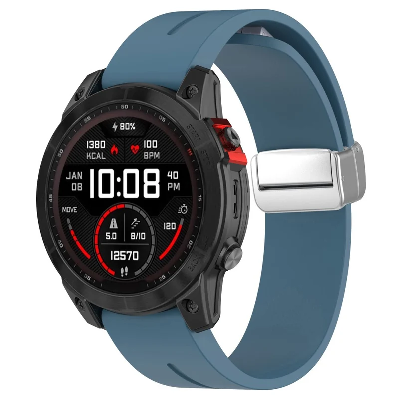 Garmin Fenix 7X / 7X Solar / Tactix 7 Pro Silicone Watch Band 26mm Folding Silver Buckle Watch Strap