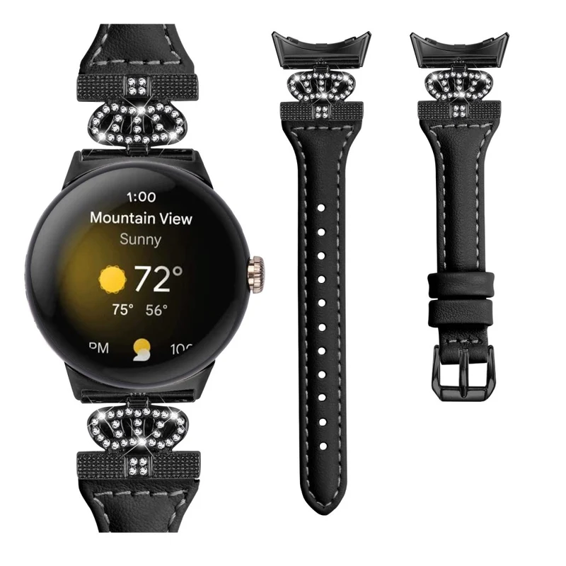 Google Pixel Watch / Watch 2 Black Buckle Watch Strap Crown Rhinestone Connector Wrist Band