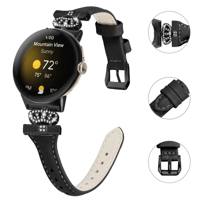 Google Pixel Watch / Watch 2 Black Buckle Watch Strap Crown Rhinestone Connector Wrist Band