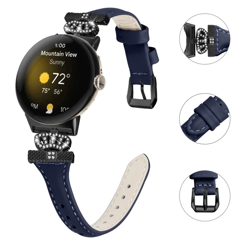 Google Pixel Watch / Watch 2 Black Buckle Watch Strap Crown Rhinestone Connector Wrist Band