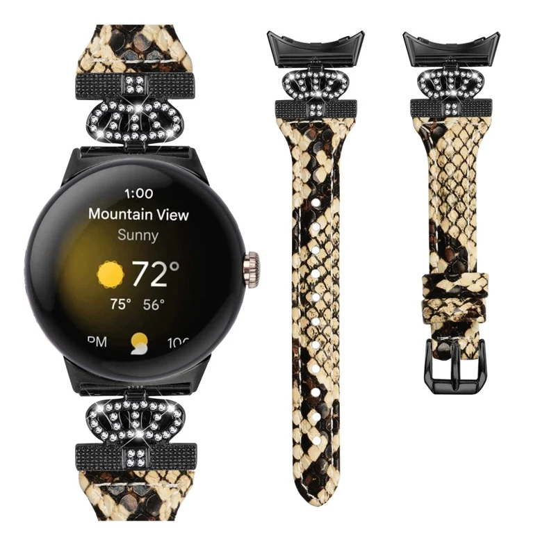 Google Pixel Watch / Watch 2 Black Buckle Watch Strap Crown Rhinestone Connector Wrist Band