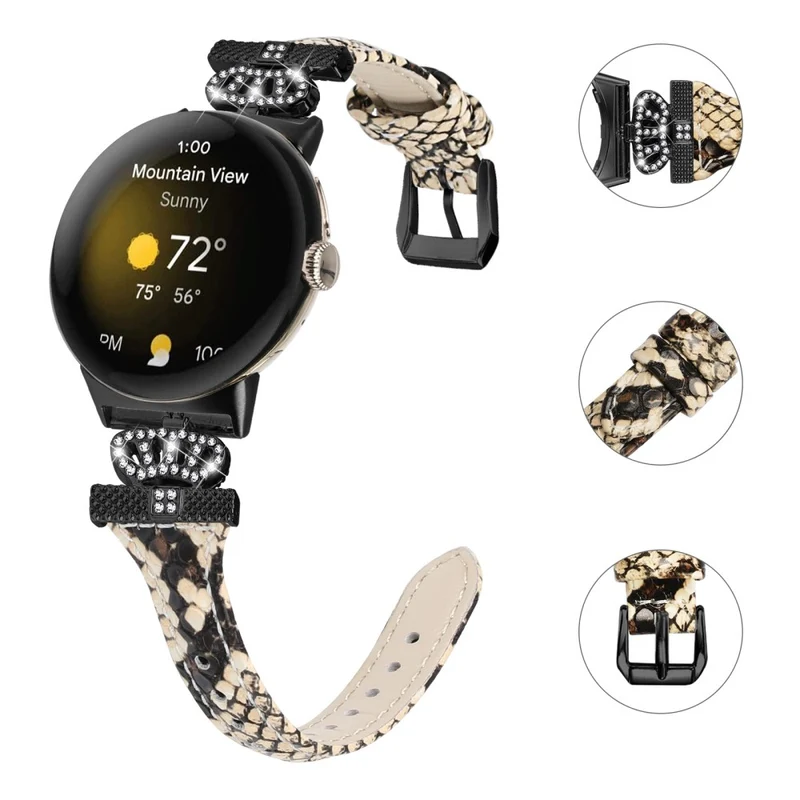 Google Pixel Watch / Watch 2 Black Buckle Watch Strap Crown Rhinestone Connector Wrist Band