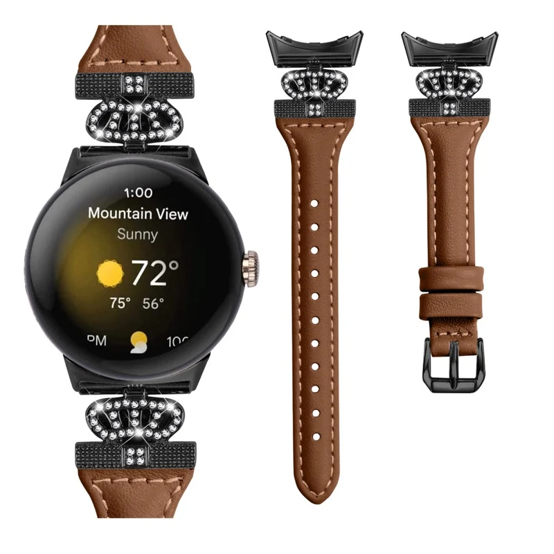 Google Pixel Watch / Watch 2 Black Buckle Watch Strap Crown Rhinestone Connector Wrist Band